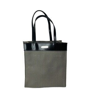 VTG Ralph Lauren Houndstooth Coated Canvas Purse Tote Black White Double‎ Handle